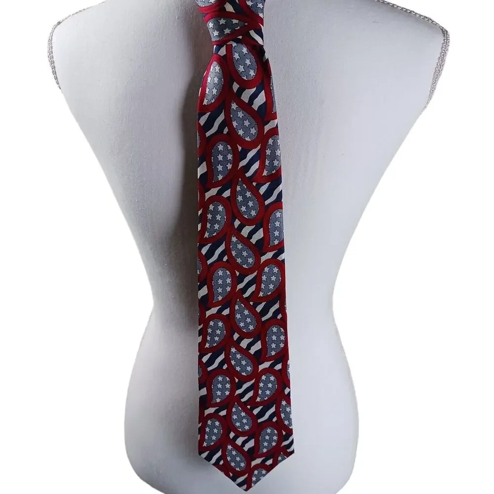 American Traditions Necktie Italian Silk Red White Blue Paisley Stars Patriotic